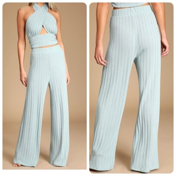 Lulus Vibe Check Ribbed Wide Leg Pant XS in Teal Blue - Picture 2 of 9